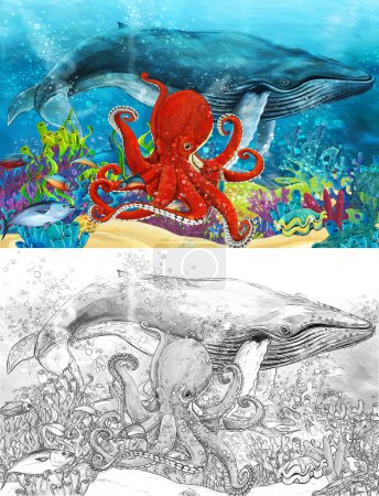 Photo for Cartoon scene with whale and octopus near coral reef - illustration for children - Royalty Free Image