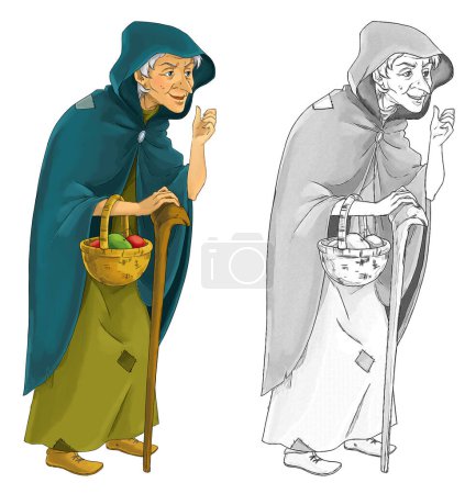 Téléchargez les photos : Dessin animé personnage de conte de fées - vieille sorcière debout et regardant - illustration pour enfants - en image libre de droit