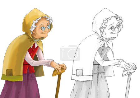 Téléchargez les photos : Dessin animé personnage de conte de fées - vieille sorcière debout et regardant - illustration pour enfants - en image libre de droit