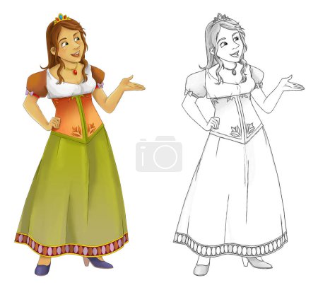 Téléchargez les photos : Dessin animé scène de croquis avec princesse sur fond blanc - illustration pour enfants - en image libre de droit