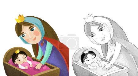 Foto de Escena de dibujos animados con bebé y madre en cuna de madera sobre fondo blanco ilustración para niños - Imagen libre de derechos