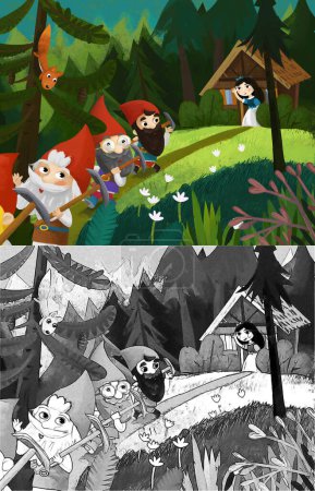 Téléchargez les photos : Cartoon scene with young princess and dwarfs near the house illustration for children - en image libre de droit