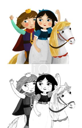 Téléchargez les photos : Scène de dessin animé avec prince roi et princesse reine sur cheval blanc illustration de fond pour les enfants - en image libre de droit