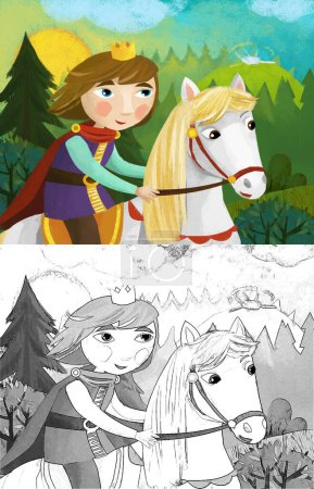 Foto de Escena de dibujos animados con príncipe en el caballo en el bosque ilustración para niños - Imagen libre de derechos