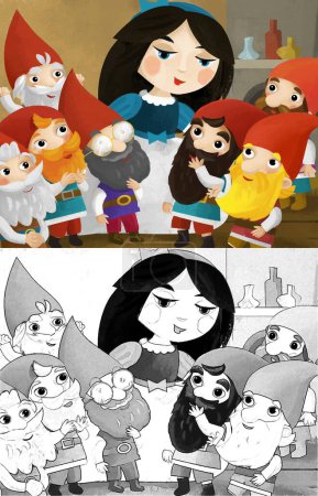 Photo for Cartoon scene with young princess and dwarfs in the room illustration for children - Royalty Free Image