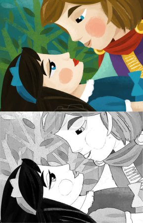 Téléchargez les photos : Scène de dessin animé avec prince et princesse baisers illustration pour enfants - en image libre de droit