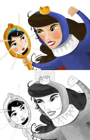 Photo for Cartoon scene with queen or princess looking in the mirror illustration for children - Royalty Free Image