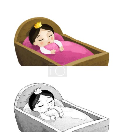 Téléchargez les photos : Scène de dessin animé avec bébé en bois berceau sur fond blanc illustration pour enfants - en image libre de droit
