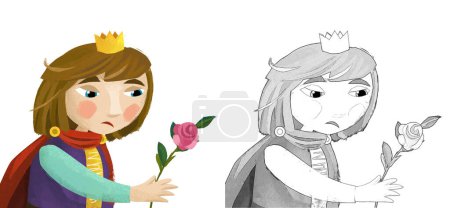 Téléchargez les photos : Scène de dessin animé avec prince roi tenant rose fleur illustration pour les enfants - en image libre de droit