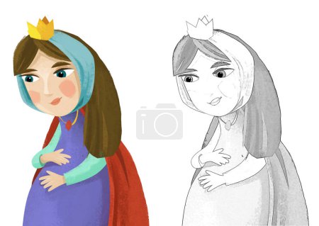 Téléchargez les photos : Scène de dessin animé avec princesse reine enceinte sur fond blanc illustration pour enfants - en image libre de droit