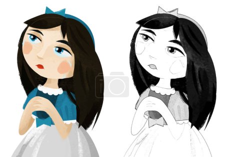 Téléchargez les photos : Scène de dessin animé avec princesse reine sur fond blanc illustration pour enfants - en image libre de droit
