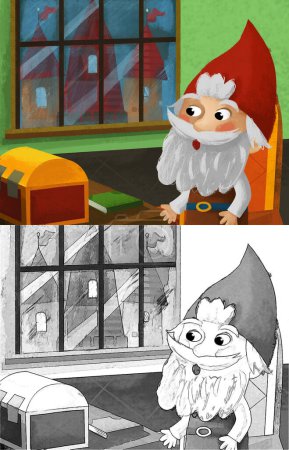 Téléchargez les photos : Cartoon scene with dwarf in the castle illustration for children - en image libre de droit