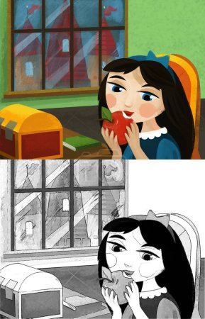 Téléchargez les photos : Scène de dessin animé avec la reine ou la princesse dans l'illustration du château pour enfants - en image libre de droit