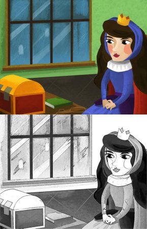 Téléchargez les photos : Scène de dessin animé avec la reine ou la princesse dans l'illustration du château pour enfants - en image libre de droit