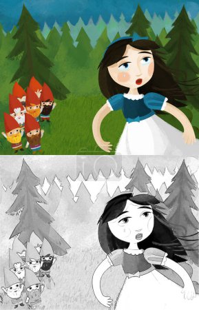 Téléchargez les photos : Cartoon scene with princess in the forest near some dwarfs illustration for children - en image libre de droit
