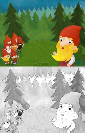 Téléchargez les photos : Cartoon scene with dwarfs in the forest illustration for children - en image libre de droit