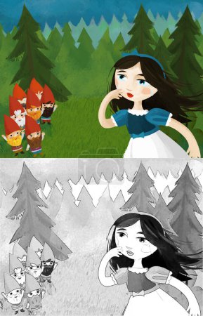 Photo for Cartoon scene with princess in the forest near some dwarfs illustration for children - Royalty Free Image