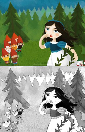 Foto de Cartoon scene with princess in the forest near some dwarfs illustration for children - Imagen libre de derechos