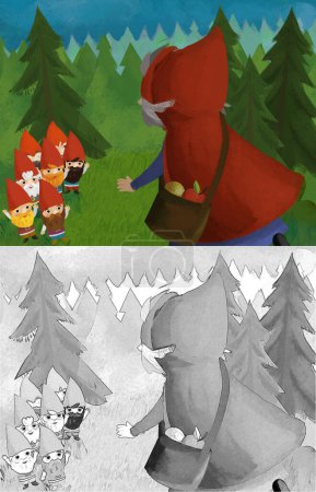 Téléchargez les photos : Cartoon scene with older woman sorceress witch and dwarfs in the forest illustration for children - en image libre de droit