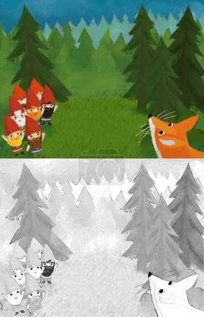 Foto de Cartoon scene with animals and dwarfs in the forest illustration for children - Imagen libre de derechos