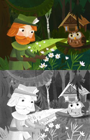 Téléchargez les photos : Cartoon scene with prince in the forest near wooden house illustration for children - en image libre de droit