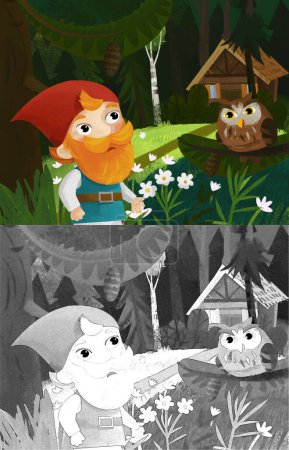 Photo for Cartoon scene with dwarf in the forest near wooden house illustration for children - Royalty Free Image