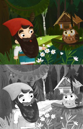 Foto de Cartoon scene with dwarf in the forest near wooden house illustration for children - Imagen libre de derechos