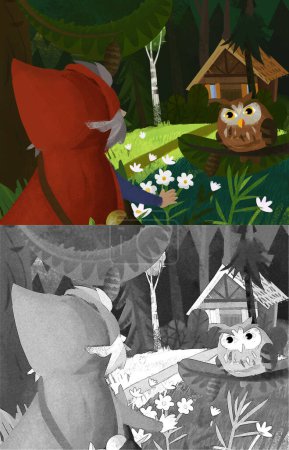 Téléchargez les photos : Cartoon scene with witch sorceress near the forest house alone illustration for children - en image libre de droit