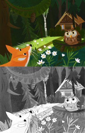 Téléchargez les photos : Cartoon scene with owl bird fox in the forest near wooden house illustration for children - en image libre de droit