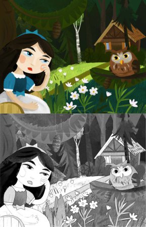 Téléchargez les photos : Scène de dessin animé avec princesse près de la maison de la forêt seule illustration pour les enfants - en image libre de droit