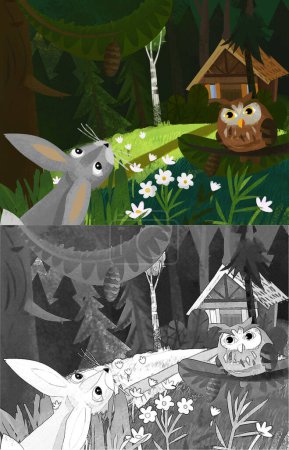 Téléchargez les photos : Cartoon scene with owl bird rabbit in the forest near wooden house illustration for children - en image libre de droit