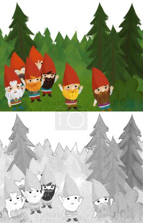 Foto de Cartoon scene with dwarfs in the forest meadow illustration for children - Imagen libre de derechos
