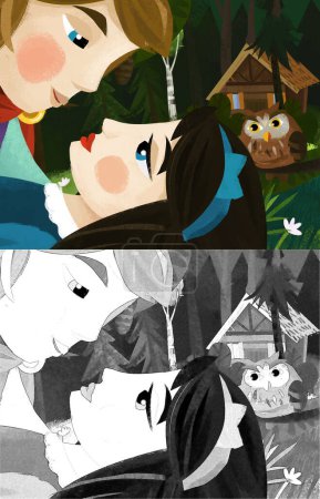 Téléchargez les photos : Cartoon scene with prince and princess in the forest near wooden house illustration for children - en image libre de droit
