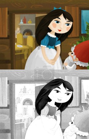 Téléchargez les photos : Scène de dessin animé avec princesse et nains parlant illustration pour les enfants - en image libre de droit