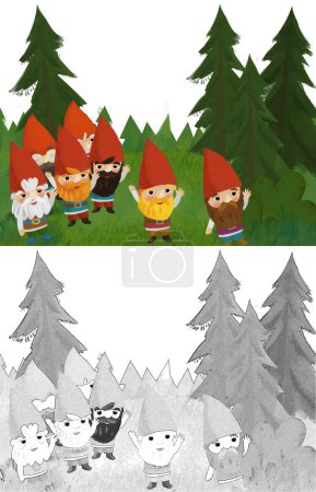 Téléchargez les photos : Cartoon scene with dwarfs in the forest meadow illustration for children - en image libre de droit