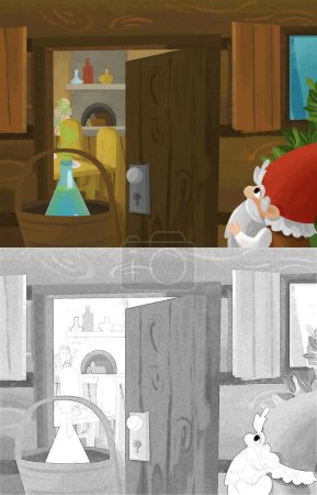 Photo for Cartoon scene with dwarfs near the wooden house illustration for children - Royalty Free Image
