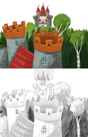 Téléchargez les photos : Dessin animé scène de nature avec beau château près de la forêt illustration pour les enfants - en image libre de droit