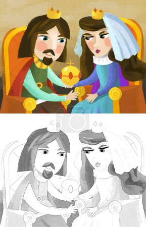 Foto de Escena de dibujos animados con el marido y la esposa rey y reina en el castillo ilustración para los niños - Imagen libre de derechos