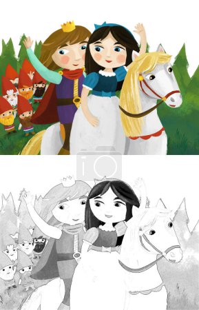 Téléchargez les photos : Scène de dessin animé avec prince et princesse sur le cheval dans la forêt illustration pour enfants - en image libre de droit
