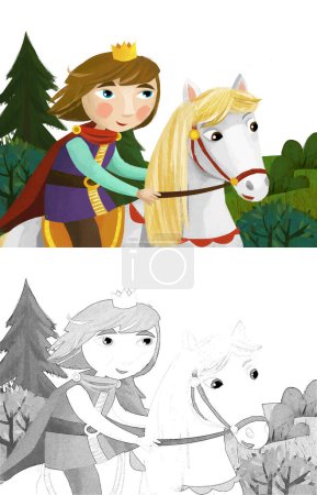 Téléchargez les photos : Cartoon scene with prince riding on the horse in the forest illustration for children - en image libre de droit