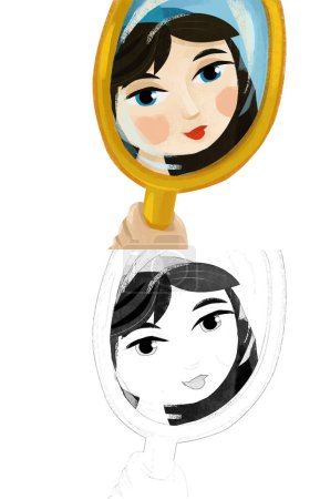 Téléchargez les photos : Scène de dessin animé avec le visage de la belle princesse dans le miroir illustration pour enfants - en image libre de droit