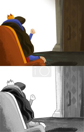 Téléchargez les photos : Scène de dessin animé avec la reine ou la princesse dans le château assis sur le trône illustration pour les enfants - en image libre de droit