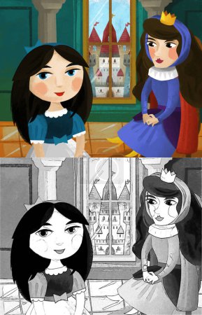 Foto de Escena de dibujos animados con reina y princesa madre e hija ilustración para niños - Imagen libre de derechos