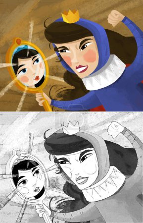 Photo for Cartoon scene with queen or princess in the castle looking in the mirror illustration for children - Royalty Free Image