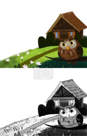 Téléchargez les photos : Scène de dessin animé avec hibou oiseau sur la prairie près de maison en bois illustration pour enfants - en image libre de droit