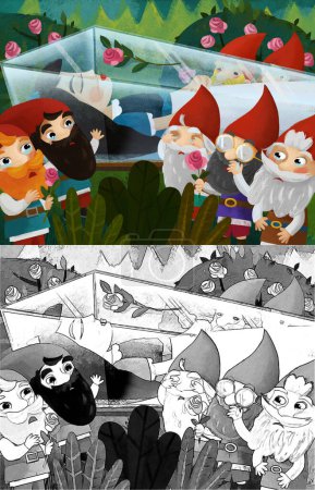 Foto de Escena de dibujos animados con niña princesa y enanos ilustración para niños - Imagen libre de derechos