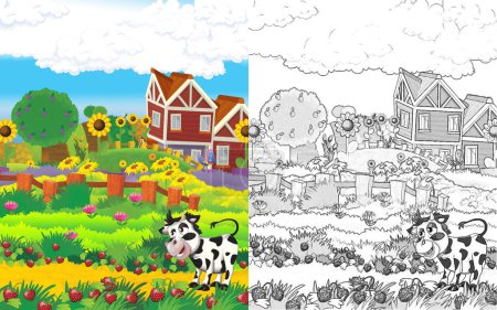 Téléchargez les photos : Scène de dessin animé avec vache s'amuser à la ferme sur fond blanc illustration pour les enfants - en image libre de droit