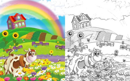 Photo for Cartoon scene with cow having fun on the farm on white background - illustration for children - Royalty Free Image