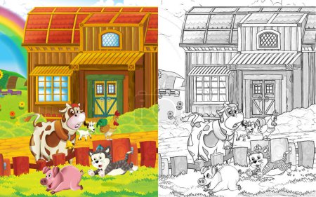 Téléchargez les photos : Scène de dessin animé avec vache s'amuser à la ferme sur fond blanc illustration pour les enfants - en image libre de droit