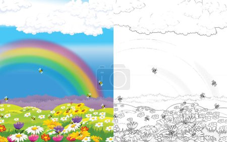 Téléchargez les photos : Scène de dessin animé avec drôle de ferme ranch prairie sur la colline illustration pour les enfants - en image libre de droit